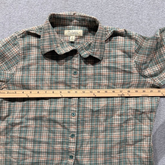 Cabelas Womens L Plaid Soft Flannel Shirt Teal Tan Brown Cotton Shirt (D34) - Picture 5 of 14